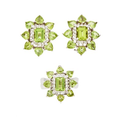 Lot 2157 - Pair of White Gold, Peridot and Diamond Earrings and Ring