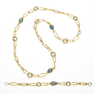 Lot 2217 - Two-Color Gold and Multicolored Baroque Freshwater Pearl Necklace and Bracelet
