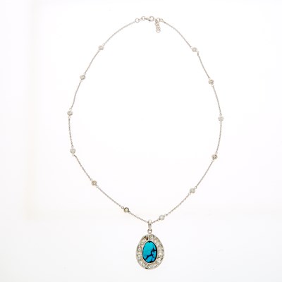 Lot 2229 - White Gold, Matrix Turquoise and Diamond Pendant with Chain Necklace