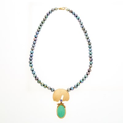 Lot 2034 - Gold, Gray Freshwater Pearl, Chrysoprase and Tanzanite Necklace