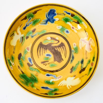 Lot 239 - A Chinese Yellow-Ground Porcelain 'Cranes' Dish