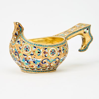 Lot 59 - Russian Silver-Gilt and Cloisonné Enamel Kovsh