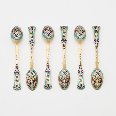 Lot 62 - Set of Six Russian Silver-Gilt and Champlevé Enamel Spoons