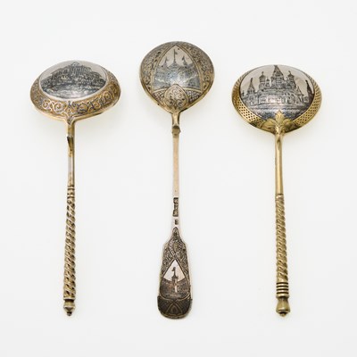 Lot 120 - Group of Three Russian Silver and Niello Spoons