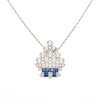 Lot 1119 - Platinum, Sapphire and Diamond Clip-Brooch with White Gold Chain Necklace