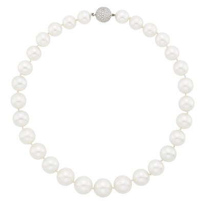 Lot 1131 - South Sea Cultured Pearl Necklace with White Gold and White Gold and Diamond Ball Clasp