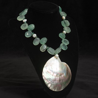 Lot 217 - Silver, Tumbled Fluorite Bead, Freshwater Pearl and Shell Pendant-Necklace