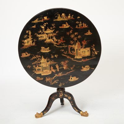 Lot 442 - Chinese Export Black Lacquer, Polychrome-Painted and Parcel-Gilt Tilt Top Table