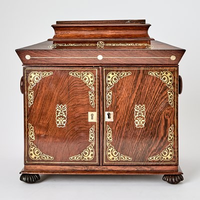 Lot 444 - Regency Brass and Mother-of-Pearl Inlaid Rosewood Jewelry Cabinet