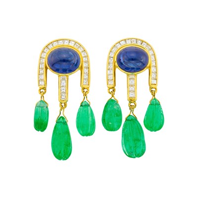 Lot 105 - Pair of Gold, Cabochon Sapphire, Fluted Emerald Bead and Diamond Pendant-Earrings