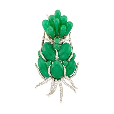 Lot 51 - Oversized White Gold, Cabochon Grossular Garnet and Diamond Clip-Brooch