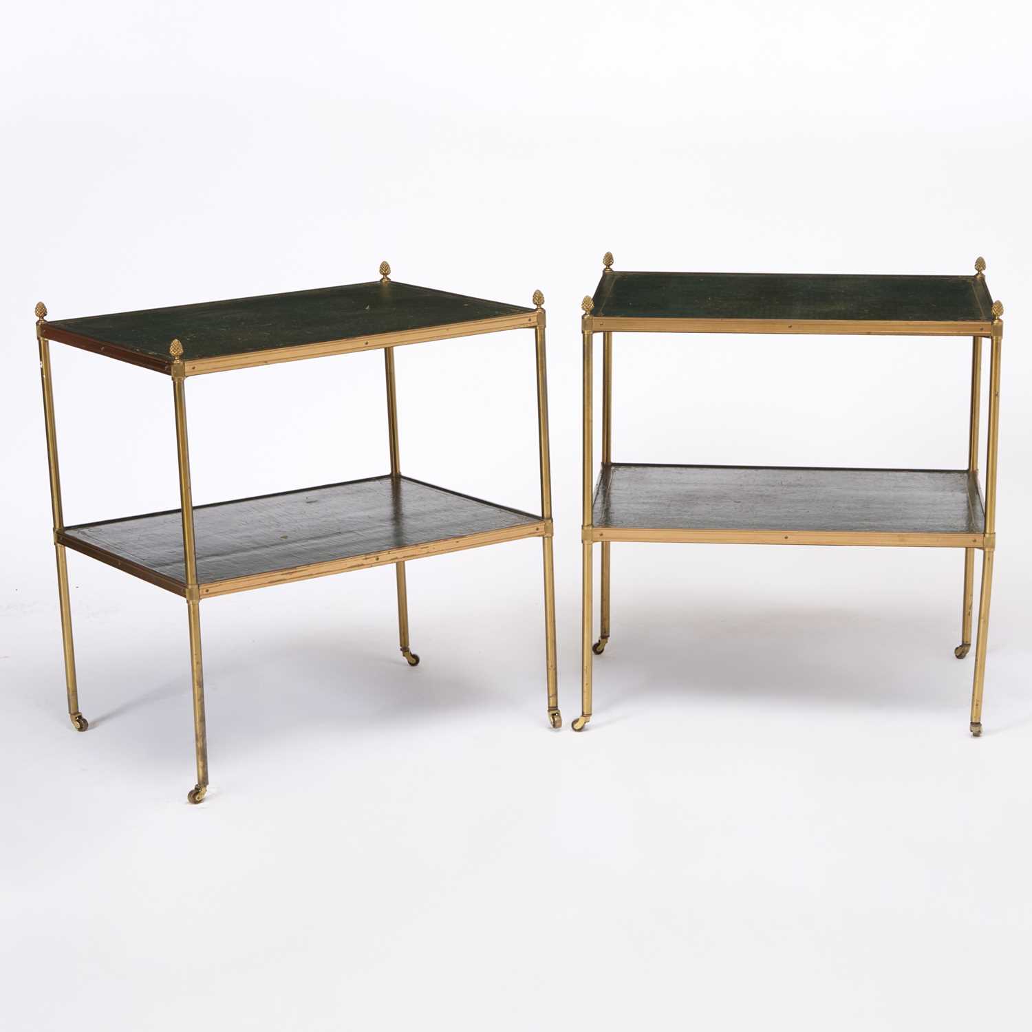 Lot 202 - Pair of Brass and Leather Two-Tier Tables