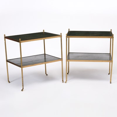 Lot 202 - Pair of Brass and Leather Two-Tier Tables