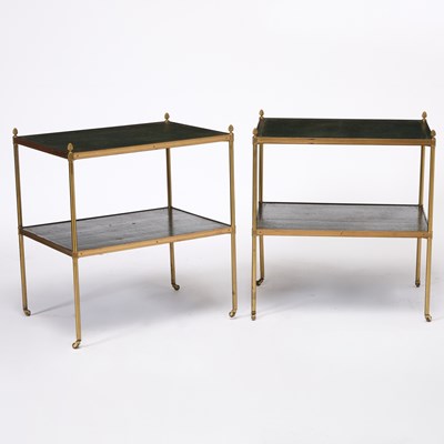 Lot 202 - Pair of Brass and Leather Two-Tier Tables
