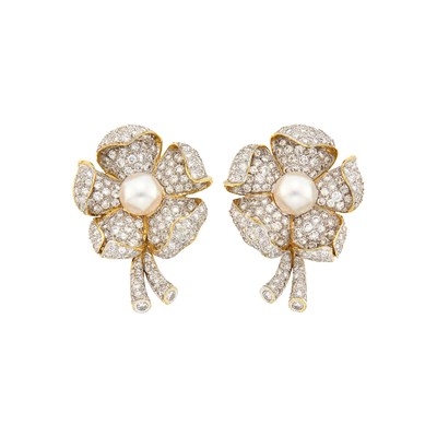 Lot 88 - Pair of Two-Color Gold, Cultured Pearl and Diamond Flower Earclips