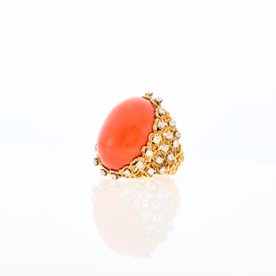 Lot 1085 - Gold, Coral and Diamond Ring