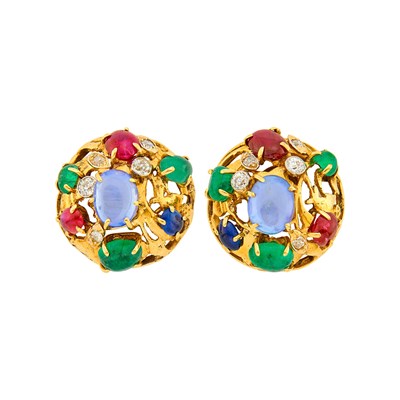 Lot 18 - Seaman Schepps Pair of Gold, Platinum, Cabochon Sapphire, Emerald and Ruby and Diamond Earclips
