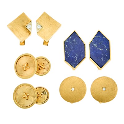 Lot 1228 - Four Pairs of Gold, Lapis and Diamond Cufflinks
