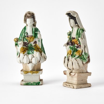 Lot A Pair of Chinese Sancai Glazed Porcelain Figures of Guanyin
