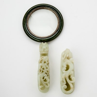 Lot 455 - Two Chinese Celadon Jade 'Dragon' Belt Hooks