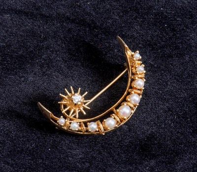 Lot 172 - 14KT Gold, Cultured Pearl and Diamond Crescent Brooch