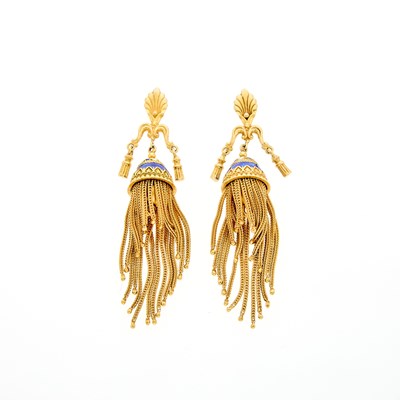 Lot 2127 - Pair of Gold and Enamel Fringe Pendant-Earrings