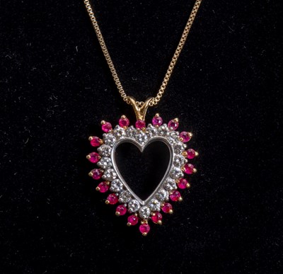 Lot 163 - 14KT Two-Color Gold, Ruby and Diamond Heart Pendant with Chain Necklace