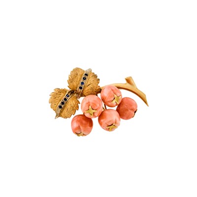 Lot 131 - Gold, Carved Coral and Sapphire Berry Brooch