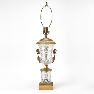 Lot 223 - Baccarat Style Gilt Metal and Glass Lamp