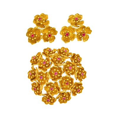 Lot 102 - Cartier Gold and Ruby Flower Brooch and Pair of Earclips