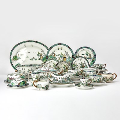 Lot 203 - Assembled Crown Staffordshire Porcelain "Chinese Willow" Pattern Dinner Service