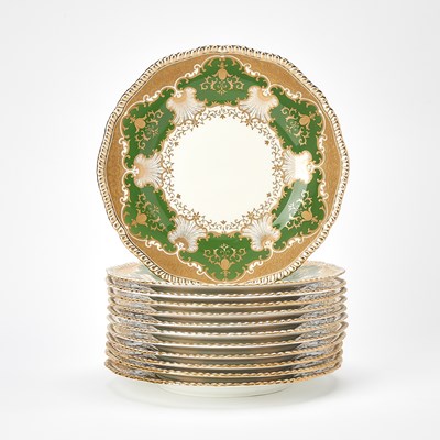 Lot 215 - Twelve Coalport Green and Gilt Decorated Porcelain Plates