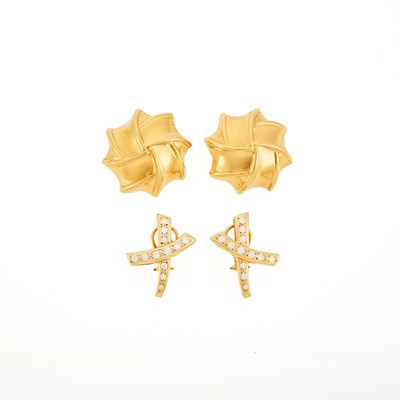 Lot 1217 - Two Pairs of Gold and Diamond Earclips
