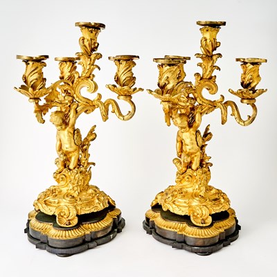 Lot 3001 - Pair of Louis XV Style Gilt-Bronze Four-Light Candelabra