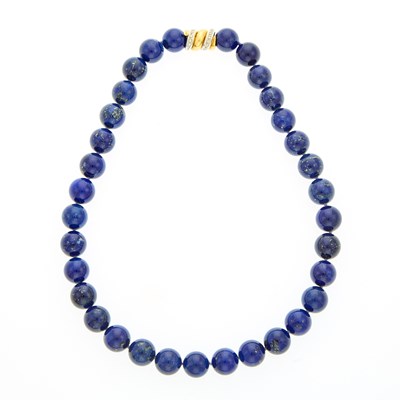 Lot 2200 - Lapis Bead Necklace with Two-Color Gold and Diamond Clasp