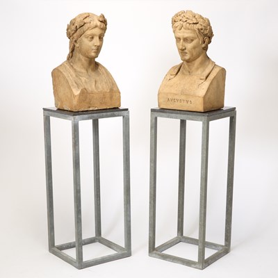 Lot 314 - Pair of Large Plaster Busts of Virgil and Augustus on Steel and Marble Stands