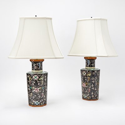 Lot 154 - Pair of Black Glazed Chinese Porcelain Lamps