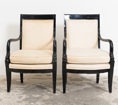 Lot 68 - Pair of Empire style Ebonized Upholstered Armchairs
