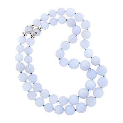 Lot 99 - Seaman Schepps Pair of Blue Chalcedony Bead Necklaces with Chalcedony Bead, Split Pearl and Cabochon Sapphire Clasps