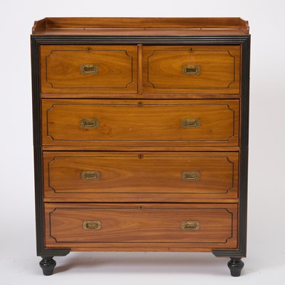 Lot 166 - British Colonial Brass Inlaid and Part Ebonized Mahogany Campaign Chest of Drawers