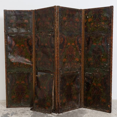 Lot 128 - Dutch Polychrome-Decorated Tooled Leather Dressing Screen