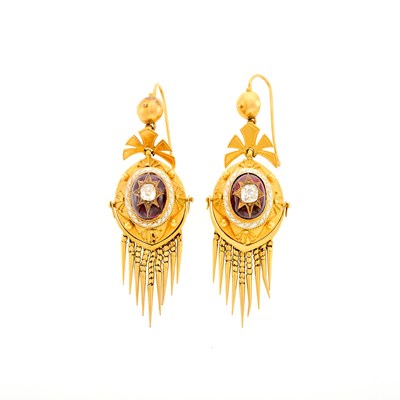 Lot 1038 - Pair of Antique Gold, Garnet, Enamel and Diamond Fringe Pendant-Earrings