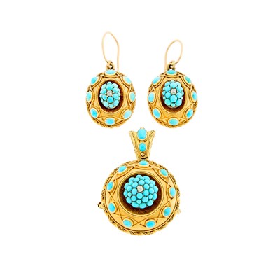 Lot 1043 - Pair of Antique Gold, Turquoise and Diamond Brooch and Pair of Pendant-Earrings