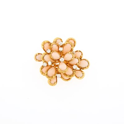 Lot 1092 - Gold, Angel Skin Coral and Diamond Brooch