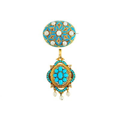 Lot 1042 - Antique Gold, Turquoise, Diamond, Pearl and Turquoise Enamel Pendant-Brooch and Brooch