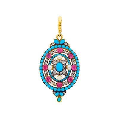Lot 29 - Antique Gold, Turquoise, Ruby, Pearl and Diamond Pendant