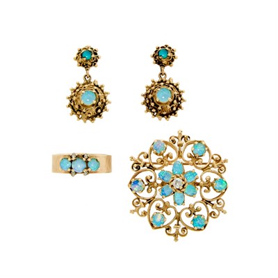 Lot 1225 - Gold, Opal and Diamond Brooch, Ring and Pair of Earrings