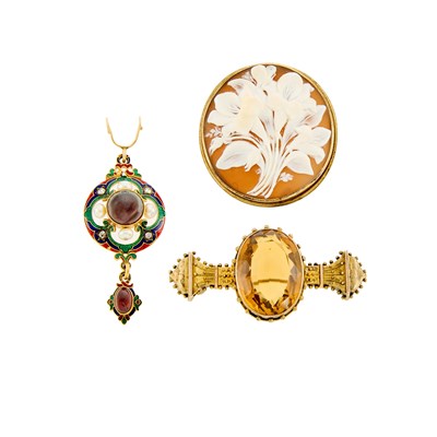 Lot 1047 - Group of Gold, Citrine, Garnet, Pearl, Enamel and Carved Sardonyx Brooches and Pendant