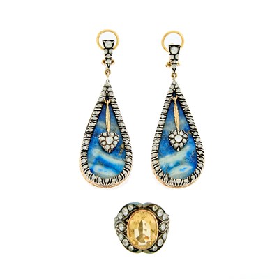 Lot 1049 - Pair of Gold, Silver, Agate and Diamond Pendant-Earrings and Citrine and White Topaz Ring