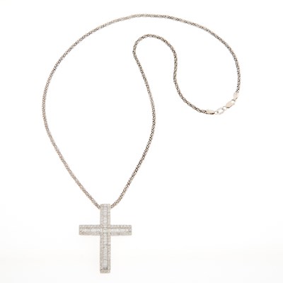 Lot 1113 - White Gold and Diamond Cross Pendant with Chain Necklace